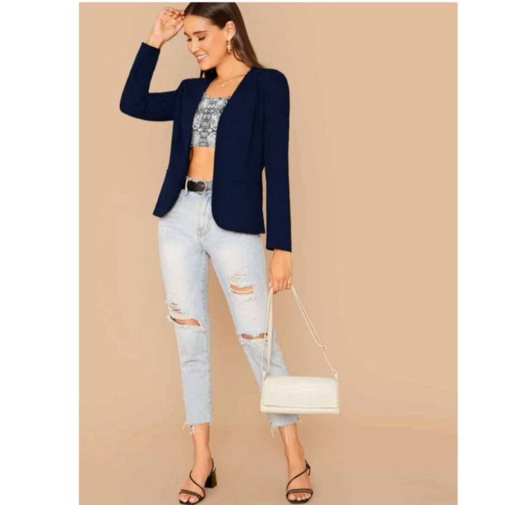 Navy Lightweight Mock Pockets Shoulder Pad Blazer 🧥